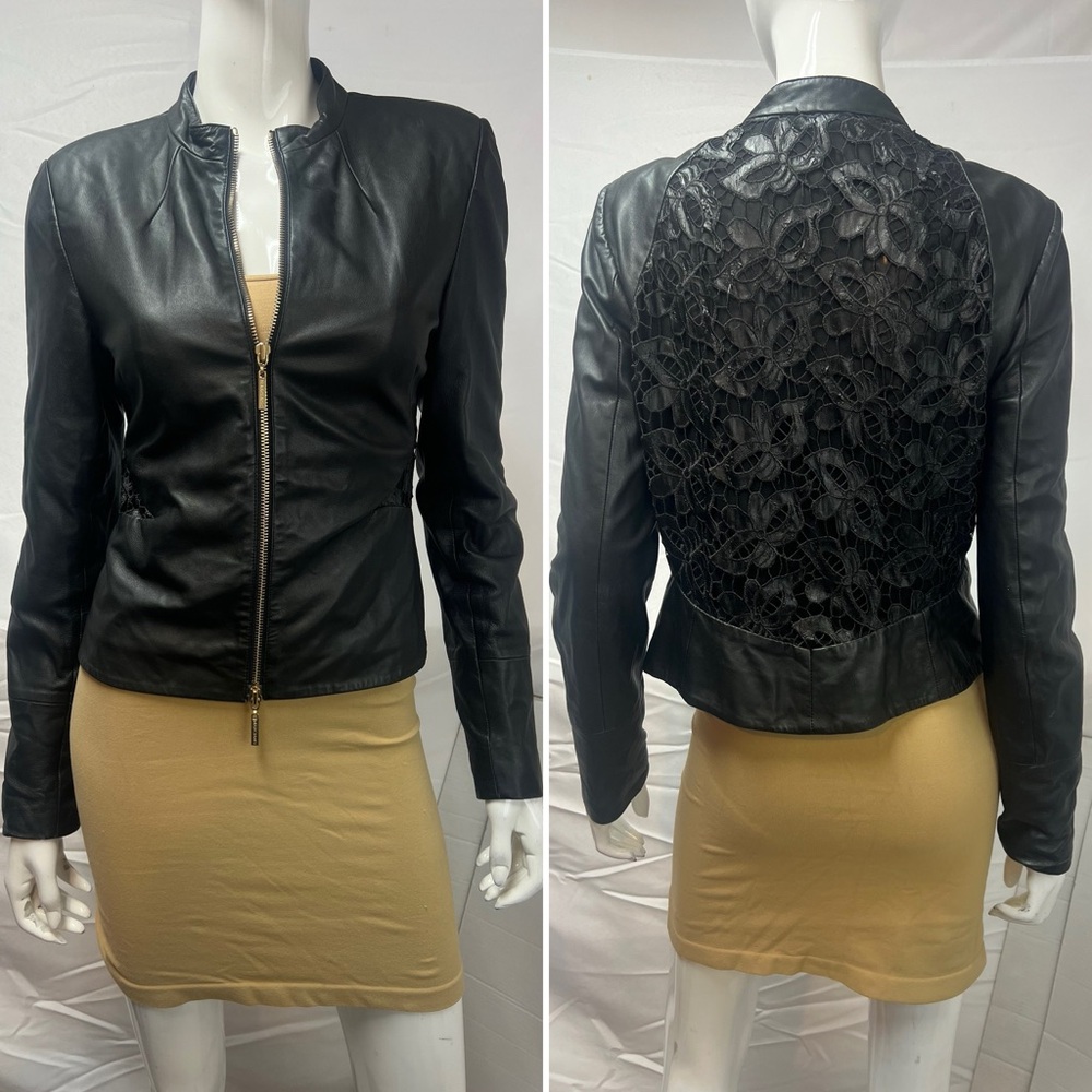 Marciano Women’s M Black Lamb Leather Lace Panel Back Moto Y2K Biker Jacket